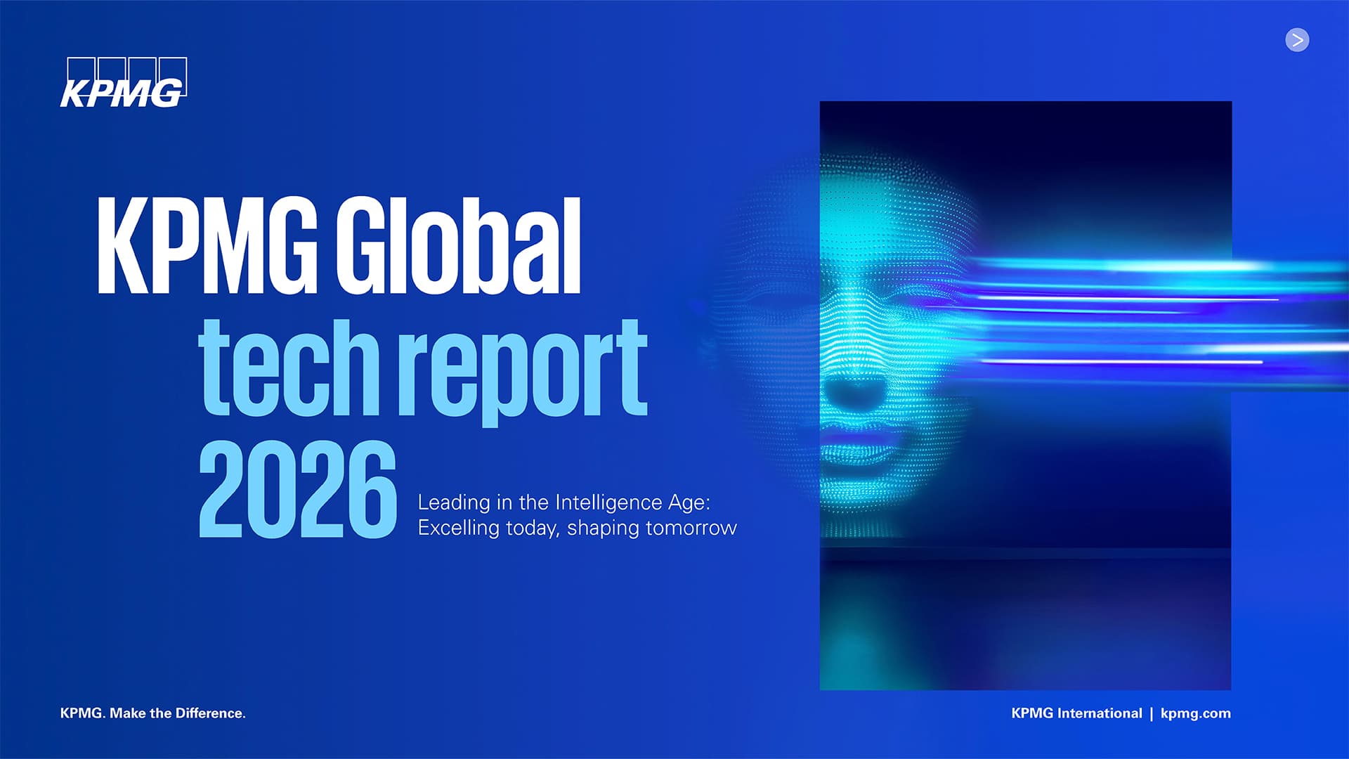 KPMG Global Tech Report 2026 kapak görseli — zeka çağında liderlik temasıyla dijital insan yüzü